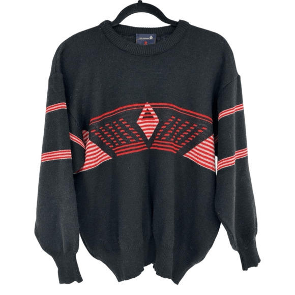 Vintage 80s Demetre Mens M Ski Sweater Wool Black Red Diamond Retro Preppy - Picture 1 of 12